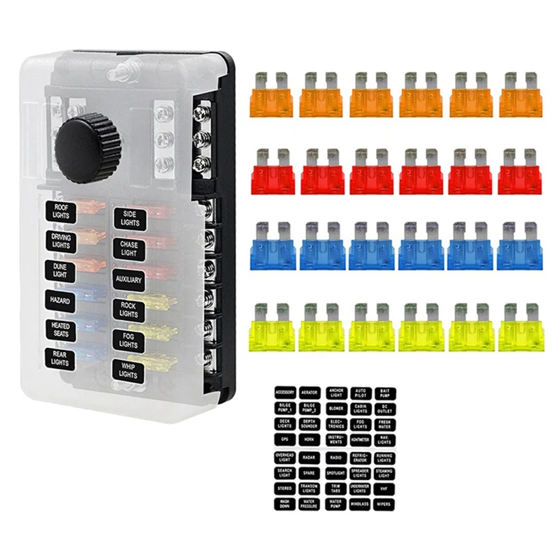 12Ways Blade Fuse Holder Block & Warning Indicator Power Distribution Panel Board Car Boat Fuse Box Holder