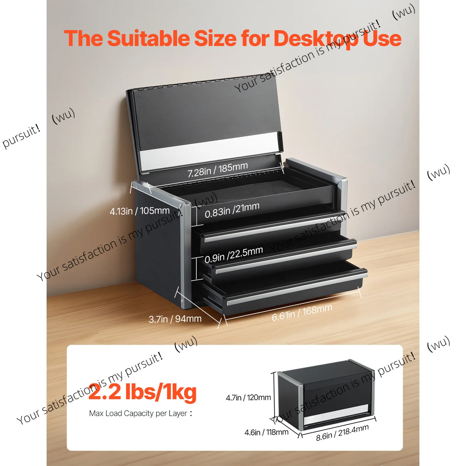 8.6in 3 Drawers Metal Tool Box Portable Tools Chest with Feet Pads & Ball Bearing Powder Coated Tool Storage for Garage