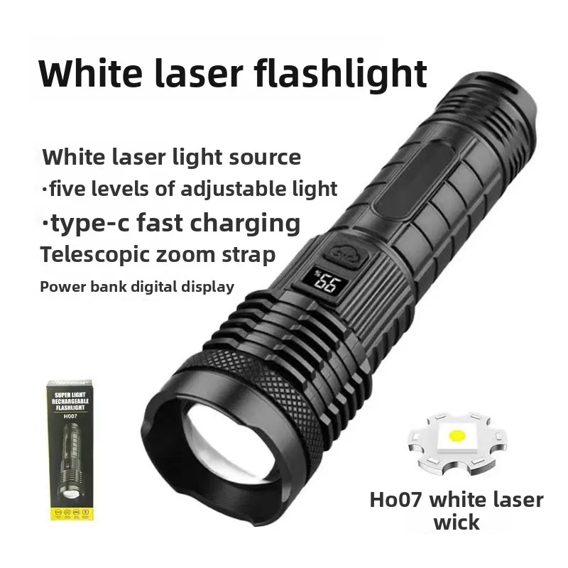 New White Laser Aluminum Alloy Telescopic Zoom Flashlight USB Rechargeable Super Bright Long Range Emergency Searchlight