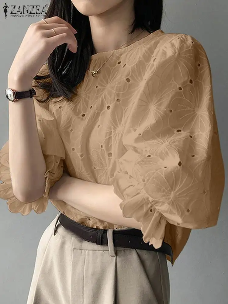 ZANZEA Hollow Out Embroidery Commute Party Tops Cotton Puff Sleeve 2024 Summer Women Blusas Solid Elegant Korean Fashion Blouses