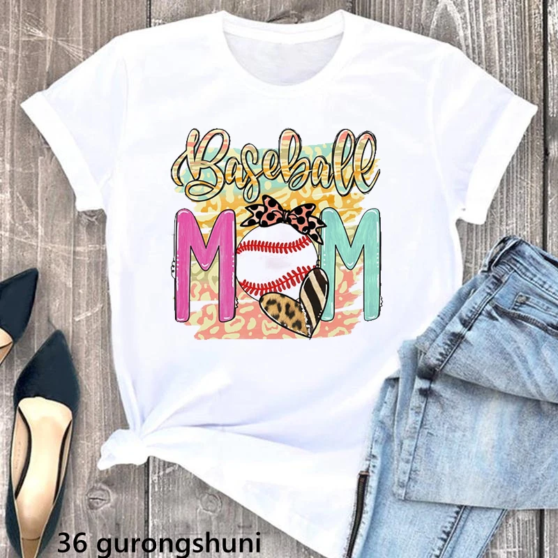 Watercolor  Baseball Mom Print Tshirts Women Leopard Bow Love T Shirt Femme Mother'S Day Gift Female T-Shirt Super Mom Tops