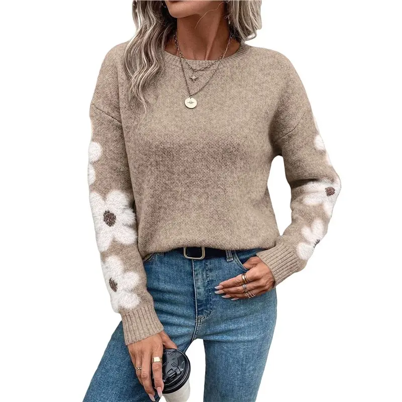 

CYL-Women's Floral Pattern Crewneck Long Sleeve Drop Shoulder Sweaters Pullover Tops