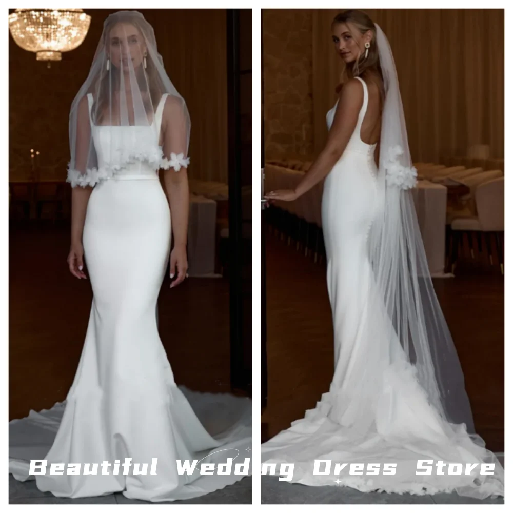 Neue Luxus elegante Meerjungfrau Brautkleid Spaghetti träger quadratischen Kragen offenen Rücken Satin Braut فساتين س德رة Brautkleider