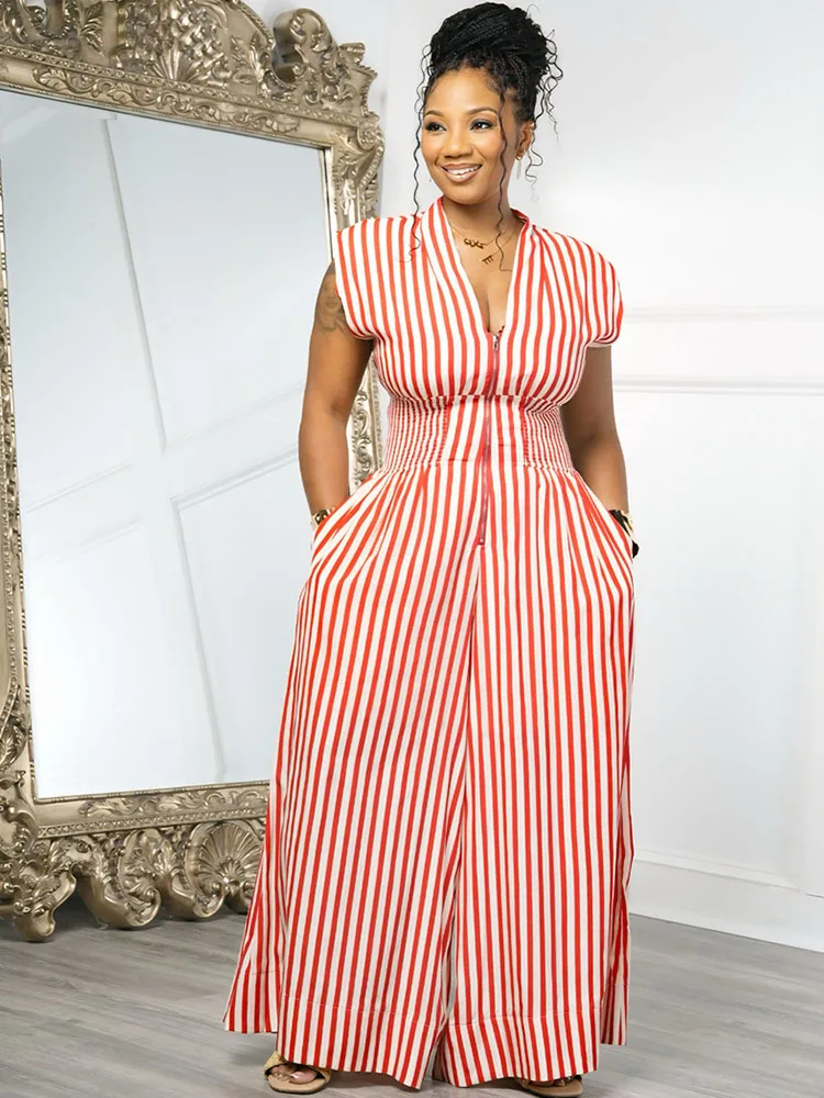 

Front Zipper Striped Print Women's Jumpsuits and Rompers Sleeveless V-neck High Waist Loose Wide Leg Overalls Ropa Para Mujer