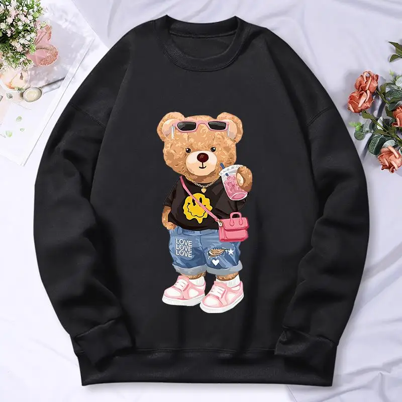 Bear Sister Drinking Milk Tea Printing Women\'S Hoody Autumn Warm Fleece Sweatshirt Casual Hoodies Hip Hop Loose Pullovers Top