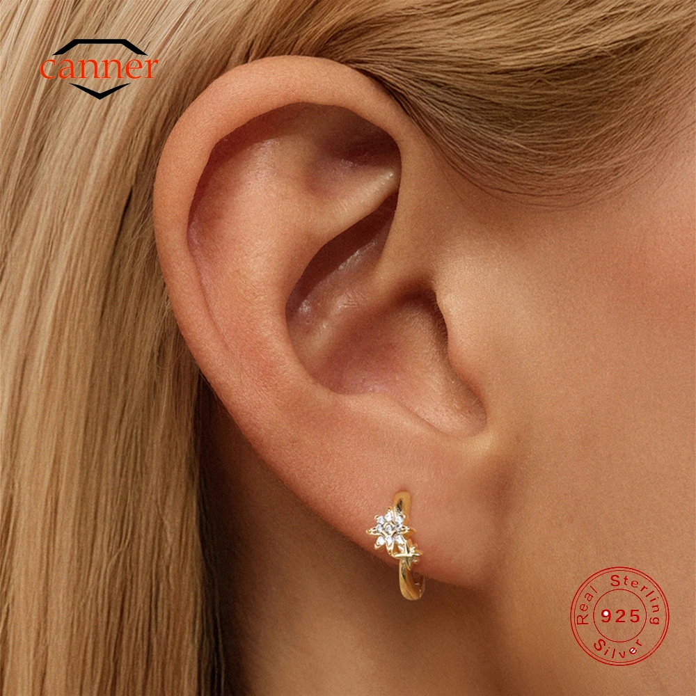 

CANNER 925 Sterling Silver Large and Small Octagonal Zircon Classic Hoop Earrings For Women Ins Four Pointed Star Earrings Gift