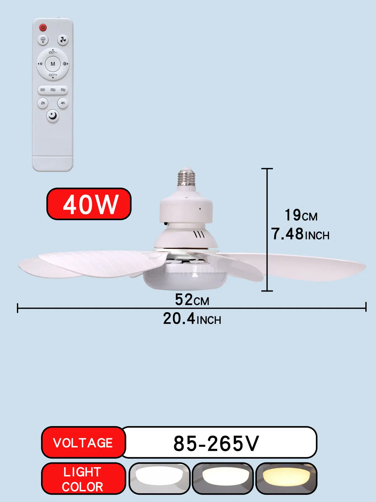 E27 met afstandsbediening LED 30W 40W plafondventilatorlamp dimfunctie geschikt voor woonkamer, studeerkamer en thuisgebruik 85-265V