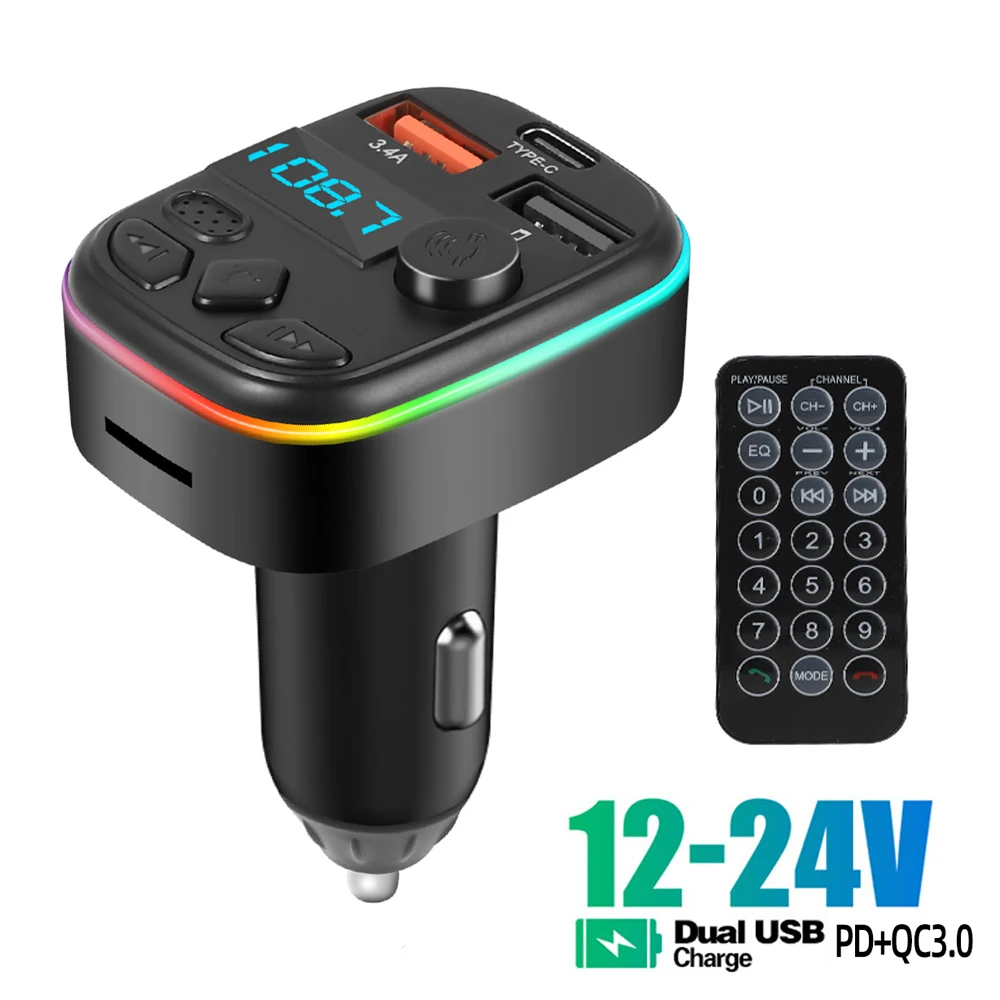 

Car Bluetooth 5.0 FM Transmitter Handsfree Car Kit With PD 20W Type-C Dual USB 3.4A Fast Charger Ambient Light Cigarette lighter