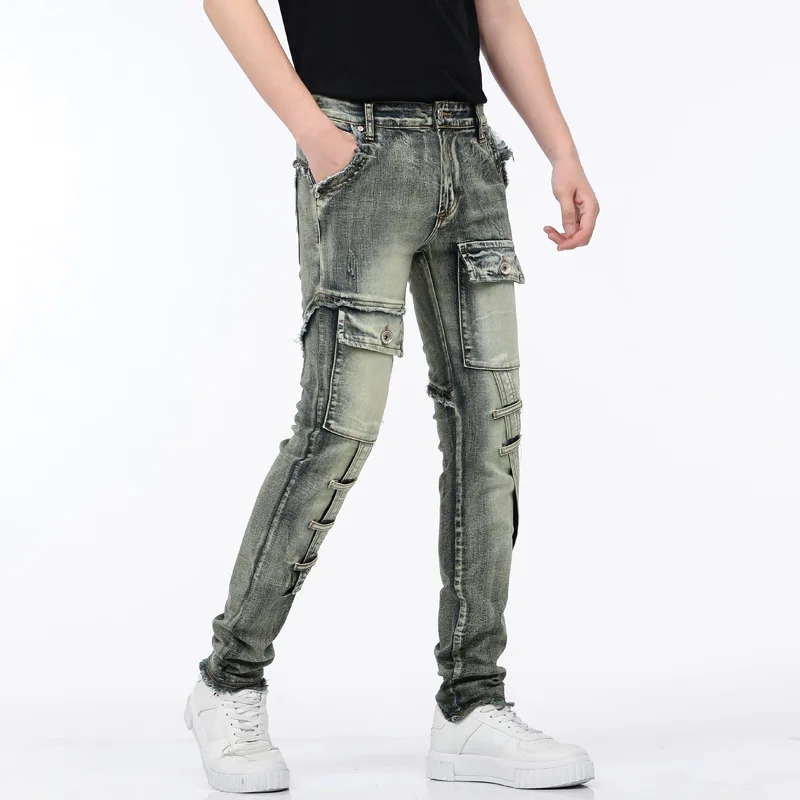 

2024New Autumn Multi-Pocket Motorcycle Jeans Men's Retro Distressed Yellow Mud Color Personality Slim Fit Stitching Trousers