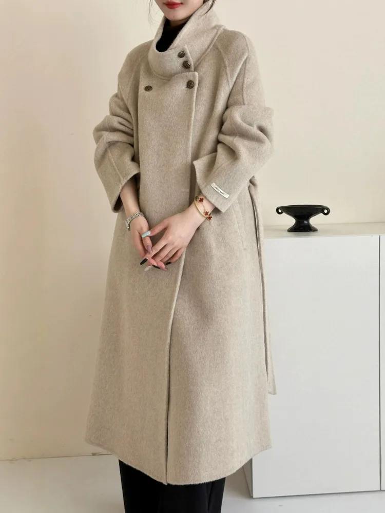 ZMEENNA femmes col montant laine mélange Maxi manteau simple boutonnage à manches longues chaud vêtements de sortie d'hiver coupe ample élégant ZM3355