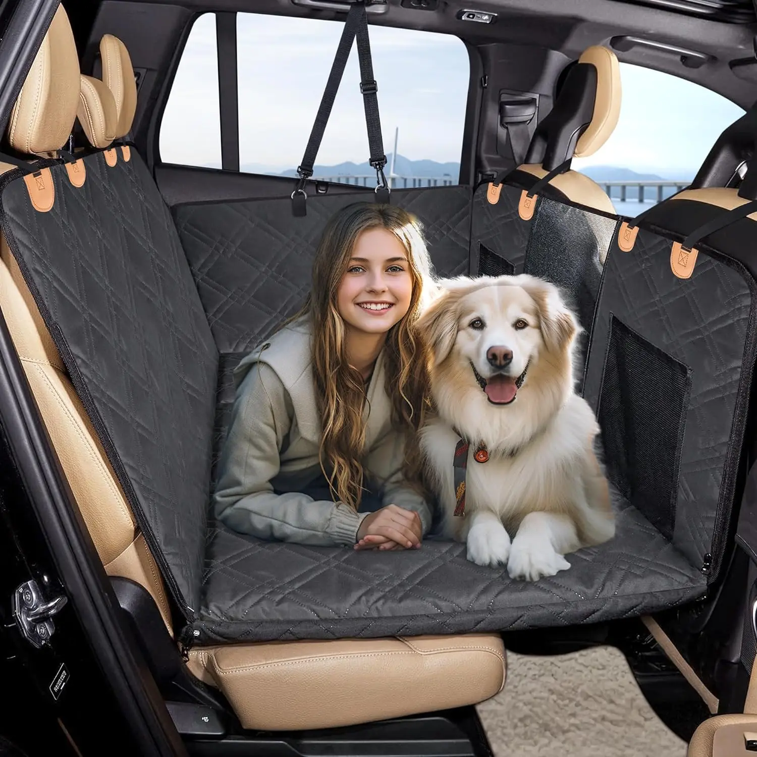 Back Seat Extender for Dogs,Dog Car Seat Cover Hard Bottom,Pet Seat Cover with Mesh Window,  Covers for Car Travel Camping