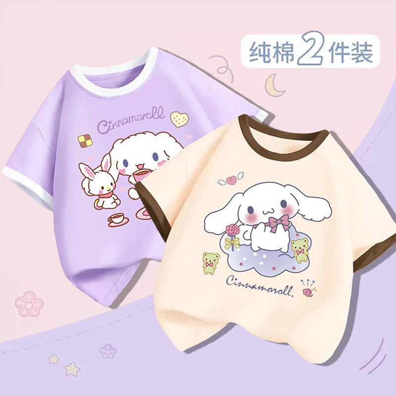 2 sztuki Kawaii Cinnamoroll z krótkim rękawem dziewczęcy letni bawełniany t-shirt uroczy Cartoon dziecięce ubrania luźne bluzki z pół rękawem dla dzieci