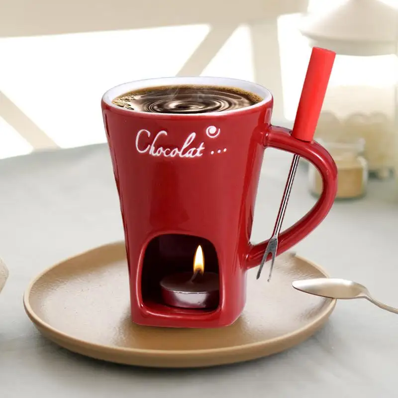 Chocolate Fondue Mug Set Hot Pot Ceramic Melting Cup Chocolate Fondue Mug Tea Light Butter Warmer Melting Pot With Fork For