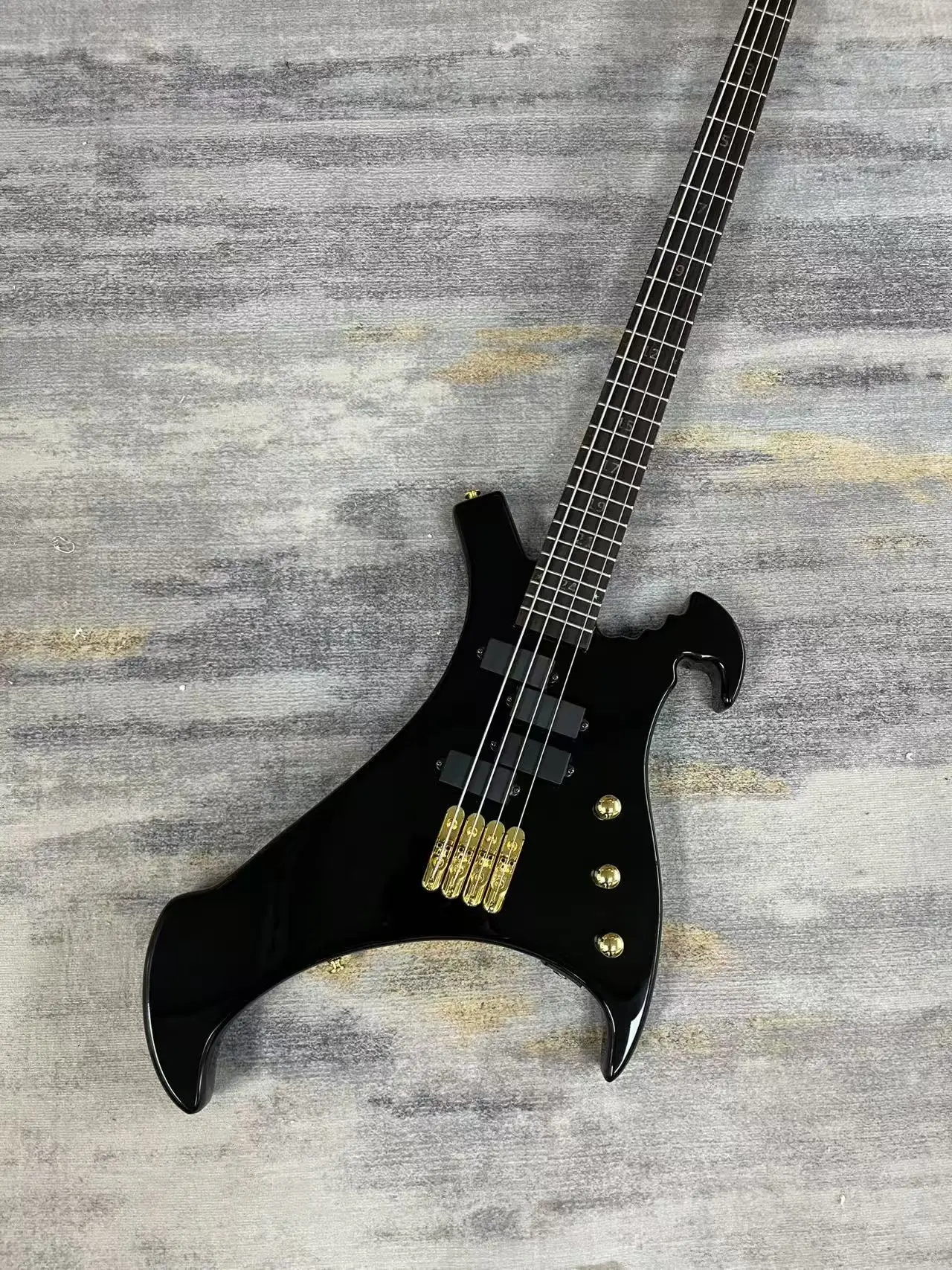 4 String Solid Body Electric Bass Guitar, Unique Bat-shaped Contoured Body, Gloss Black Finish, Gold Hardware