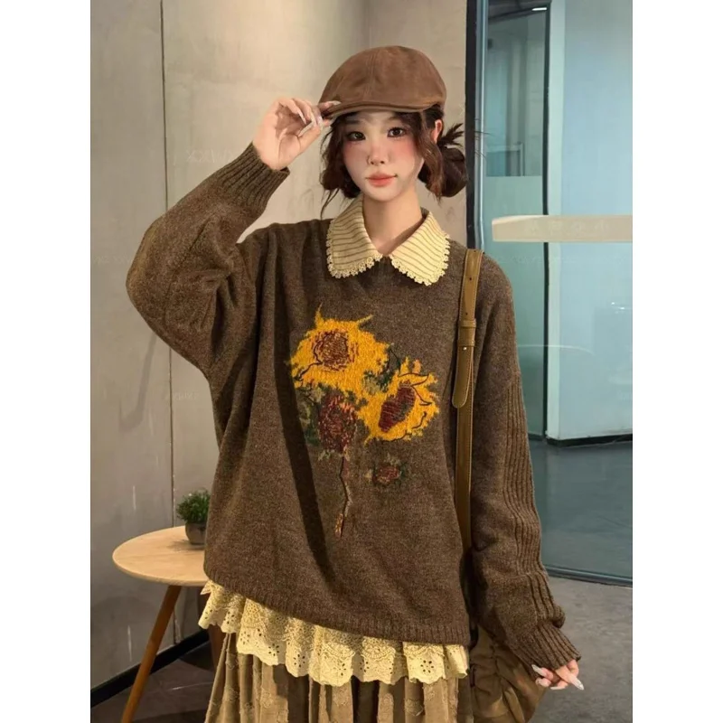 

Новый осенне-зимний универсальный жаккардовый свободный пуловер в стиле ретро для студенток, вязаный свитер, куртка