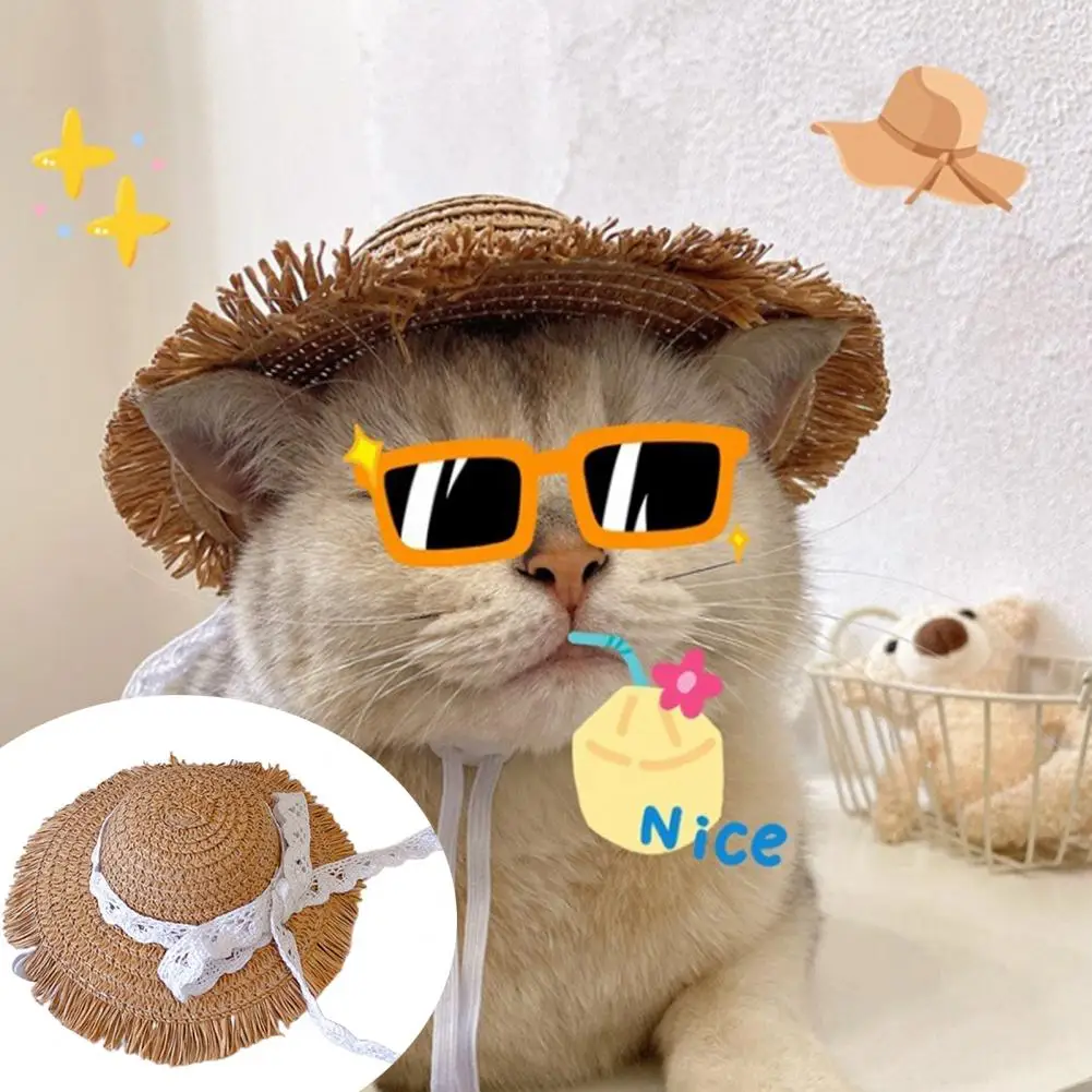 Pet Straw Hat Dress Up Adorable Fashion Pet Cat Dog Bowknot Sun Hat Elastic Adjustable Strap Cat Hat Pet Supplies