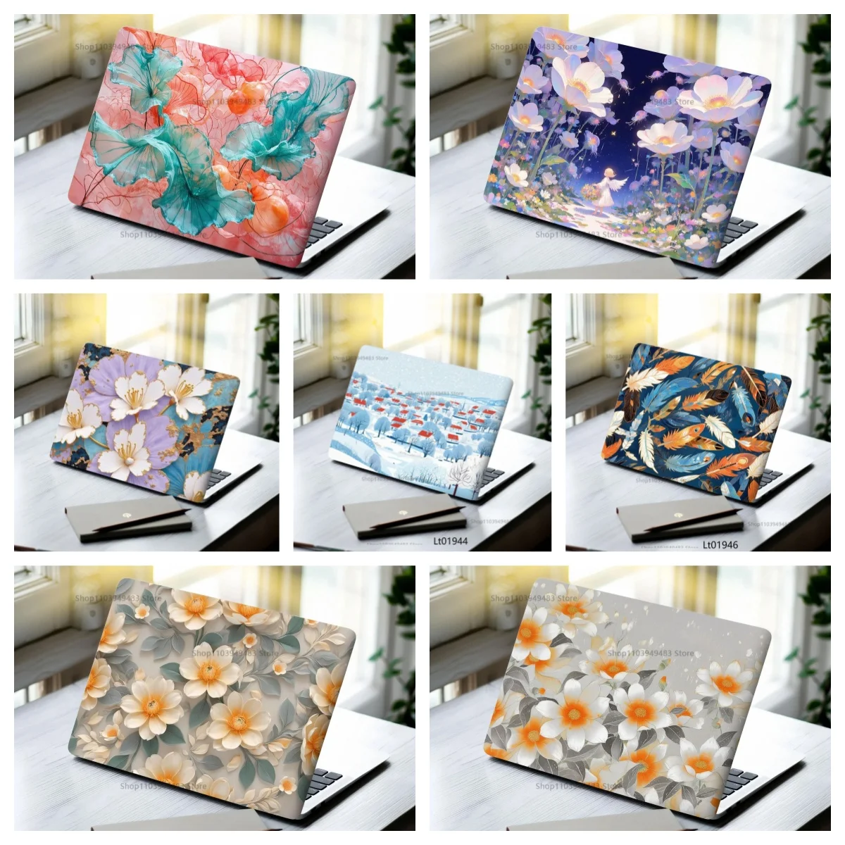 2pcs Beautiful Floral Laptop Stickers Waterproof Self-Adhesive Transparent Flower Skin Wrap for Laptop/MacBook/Tablet/PC Decor