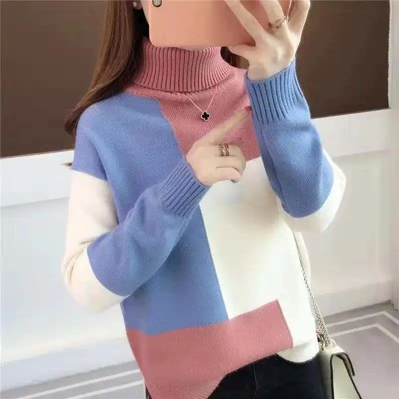 New Knitting Contrast Vintage Pullovers Top Autumn Winter Long Sleeve All-match Casual Sweaters Fashion Elegant Women Clothing
