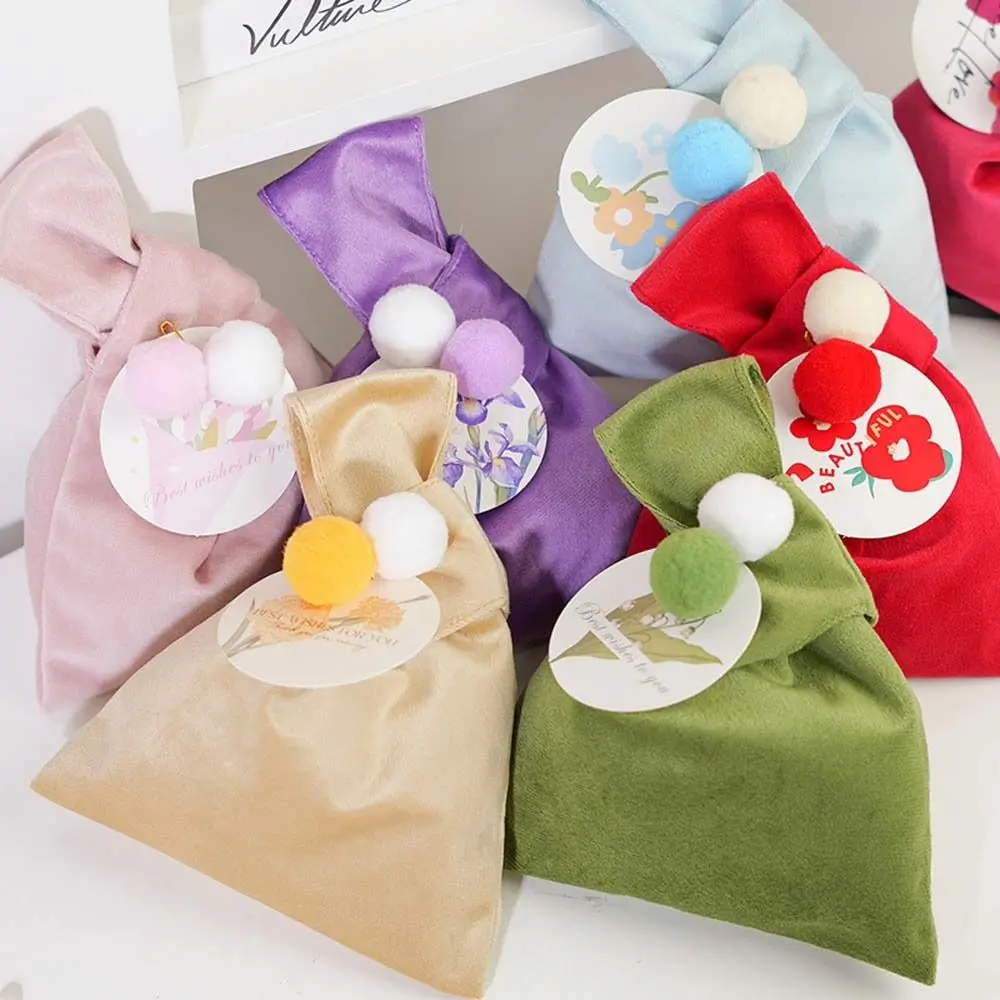 Ins Velvet Knot Handbag Plush Ball Wrist Bag Korean Festive Sugar Bag Tote Bag Vest Shape Large Capacity Wedding Candy Bag