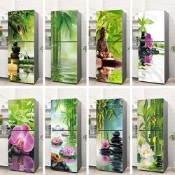 Green Bamboo Scenery Fridge Stickers Adhesive Zen Meditation Stone Full Door Cover for Refrigerator Wallpaper Murals Removable