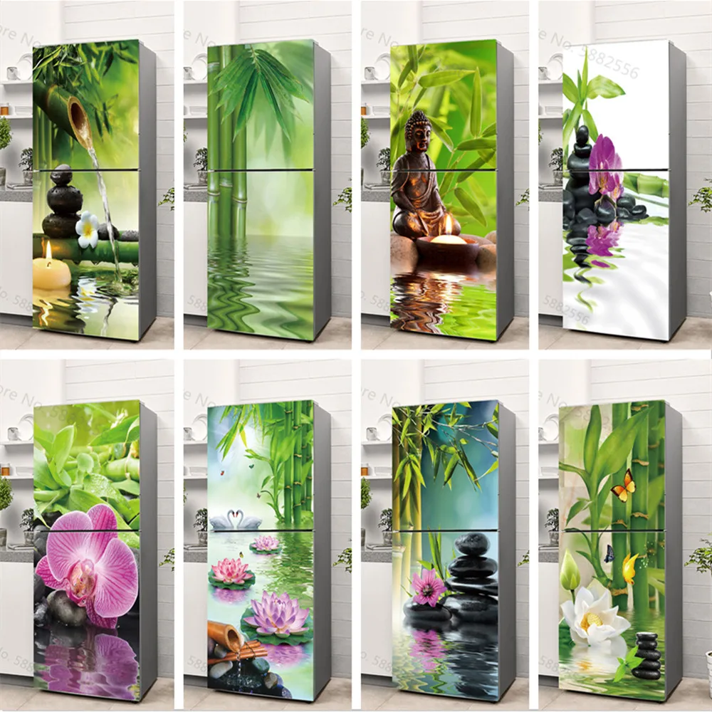Green Bamboo Scenery Fridge Stickers Adhesive Zen Meditation Stone Full Door Cover for Refrigerator Wallpaper Murals Removable