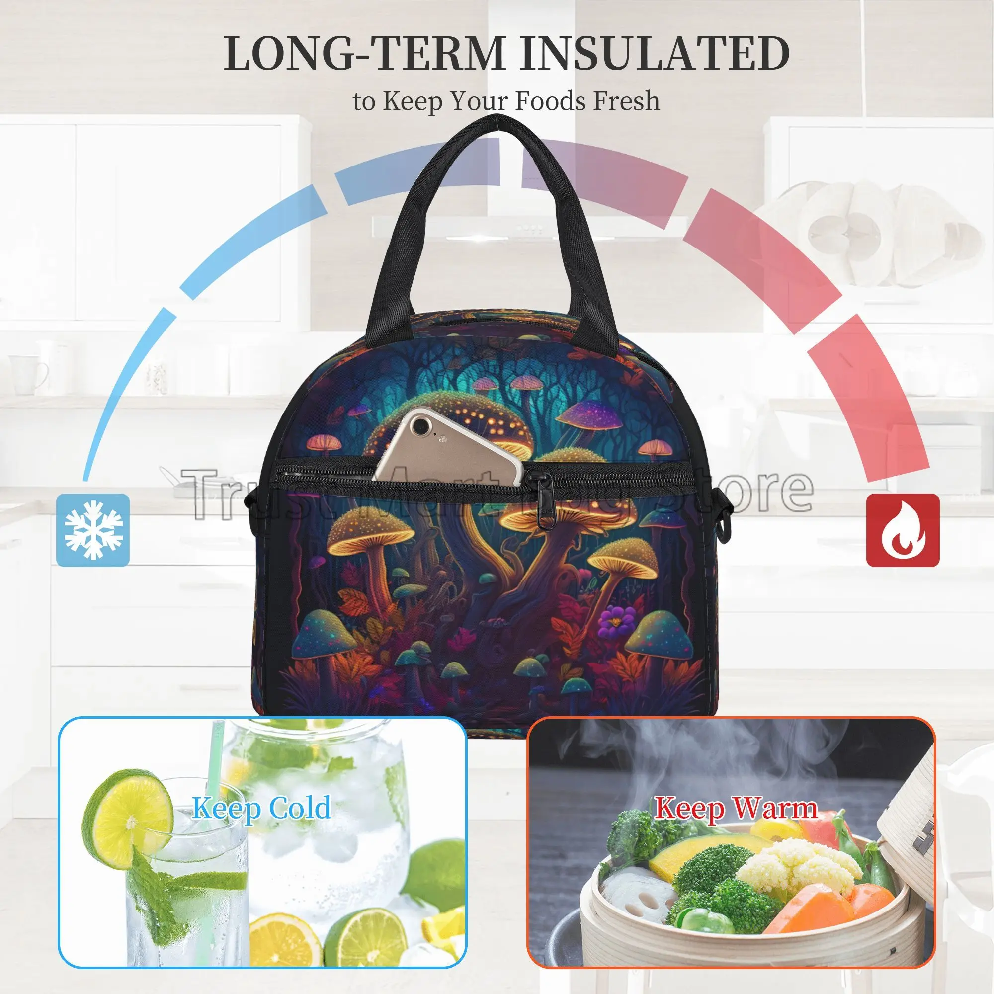 Forest Colorful Mushrooms Insulated Lunch Bag Reusable Waterproof Thermal Lunch Box with Shoulder Strap for Work Picnic Beach