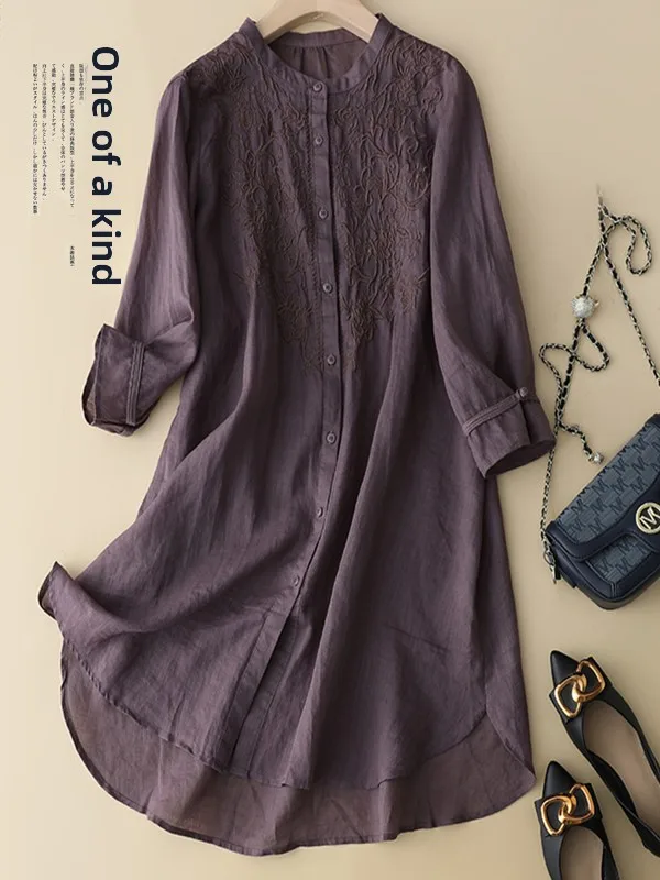 

Высококачественный женский тяжелый льняной длинный открытый кардиган с вышивкой в стиле ретро, удобная повседневная одежда больших размеров