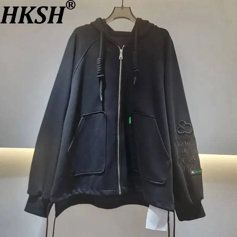 HKSH Women Coats Korean Style Casual Letter Embroidered Zipper Drawstring Loose Dark Fashion Trend Ins Hooded Sweatshirt HK25873