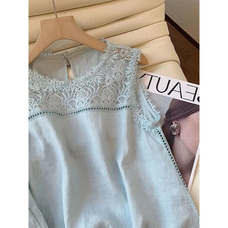 Crochet Lace Women's Two-piece Set Summer Korean Style Imitation Cotton Linen Fabric Tops & Splicing Zipper Blue Loose Shorts