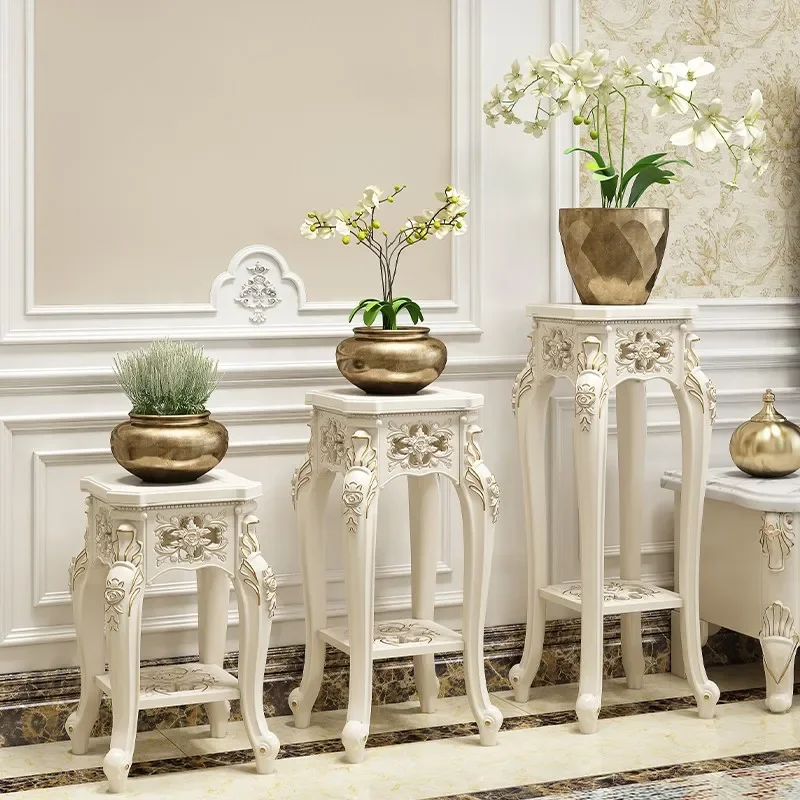 Soporte de flores de estilo europeo, estante para maceta de balcón, soporte para plantas de sala de estar, estante de suelo, maceta de madera maciza de imitación blanca