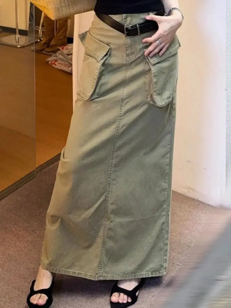

American High Street Khaki Cargo Skirt Women's High Waist Loose Casual Long Skirt with Pockets