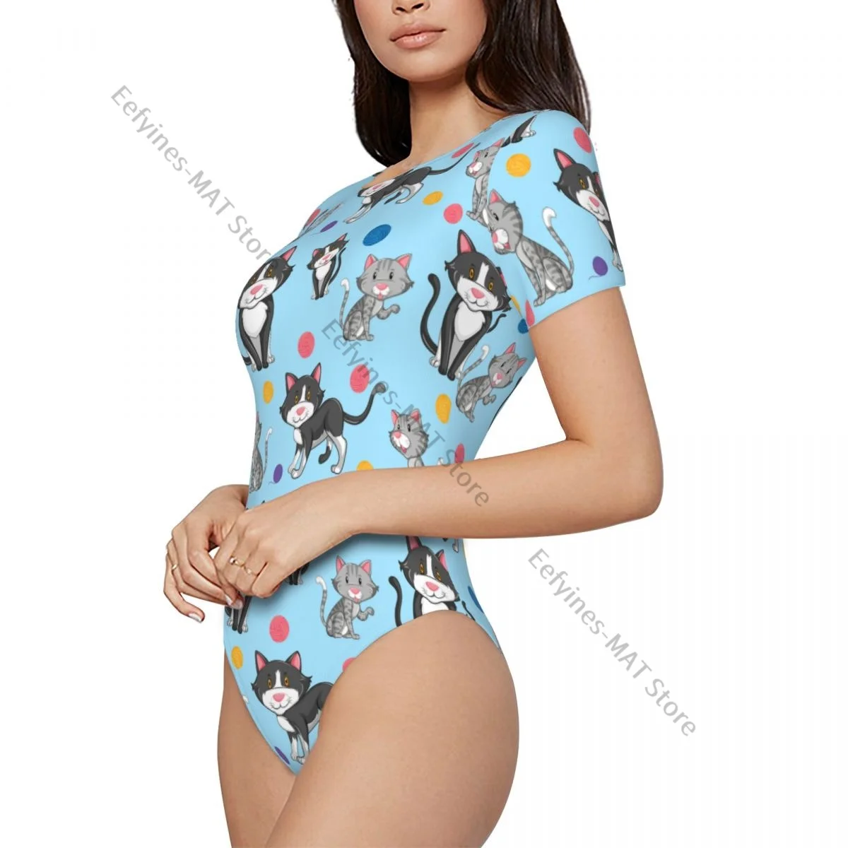 Women Bodysuit Shorts Romper Open Snap Crotch Geometric Cat Sexy Jumpsuit Adult Onesies