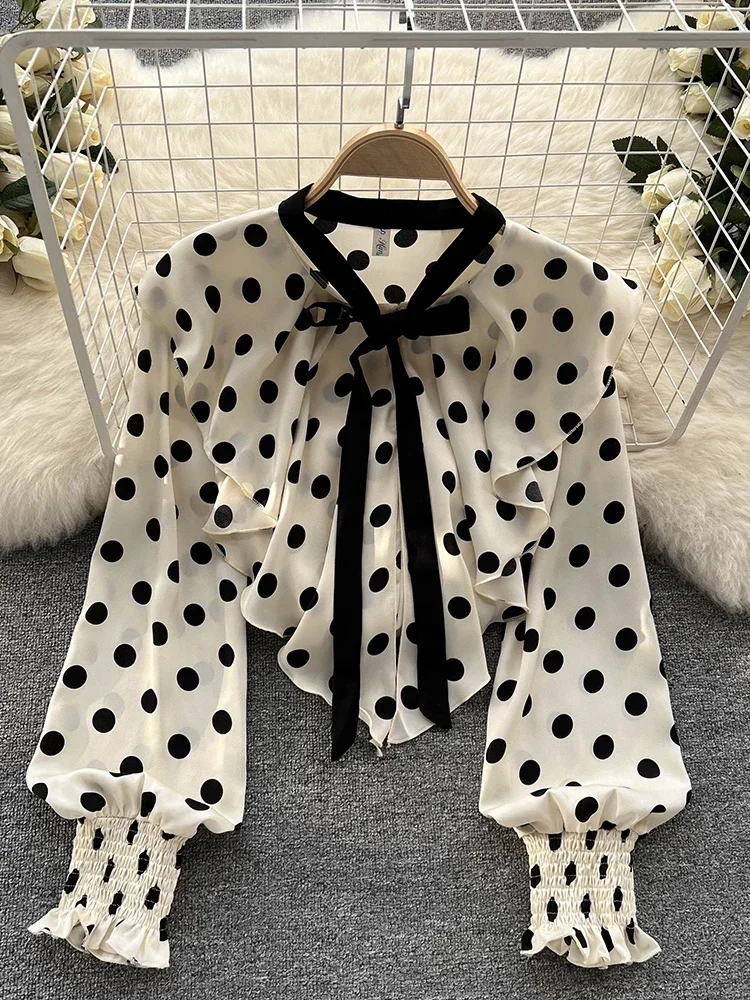 Spring French Polka Dot Blouse Design Sense Ruffled Slim Sweet Streamer Age-reducing All-match Chiffon Shirt Tops Female D0352