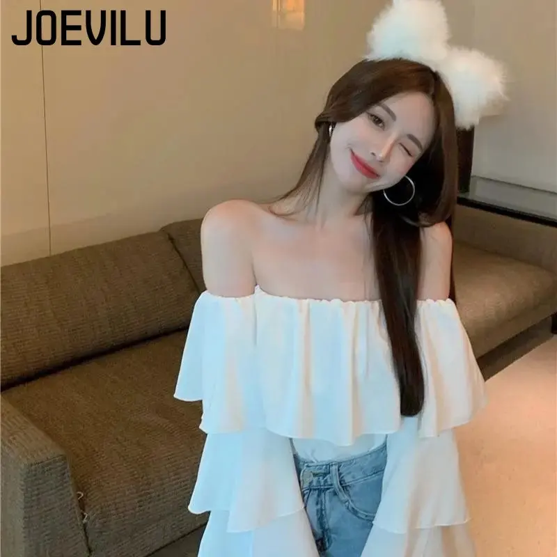 JOEVILU Chiffon Shirt Off Shoulder Ruffle White Blouse Spring and Summer Women\'s Casual Tops Ladies Korean Style Blusas Crop Top