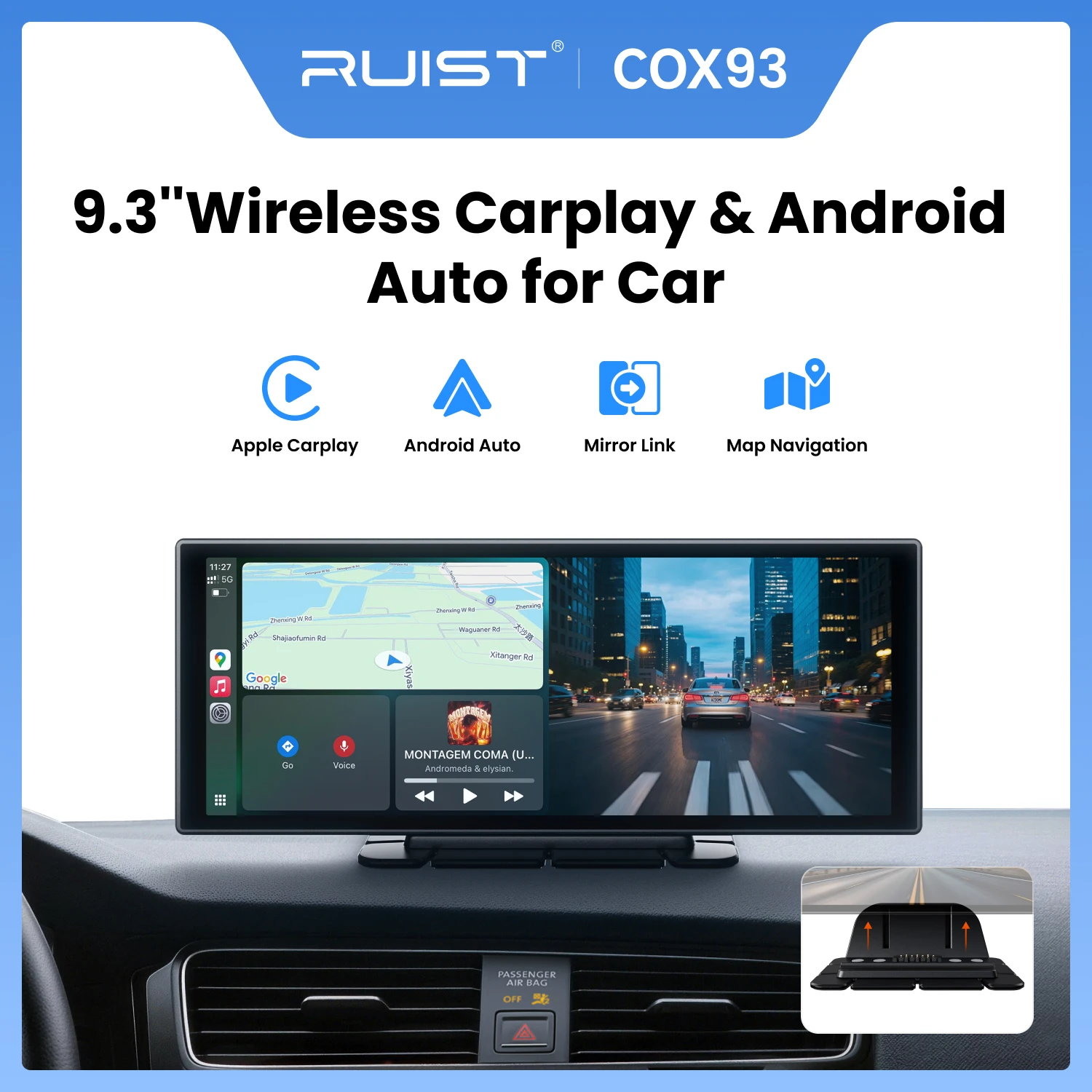 RUIST 9.3' Wireless Portable Car Play Screen Apple CarPlay Android Auto 4K Dash Cam 1080P Backup Camera Magnetic Charging