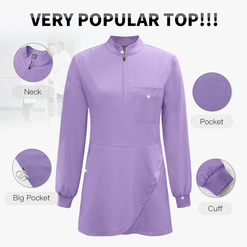 Long Sleeve Stand Collar Zipper Medical Scrub Set Stretch Soft Nursing Uniform Tunic Top Split Pants Hospital Clinic Workwear