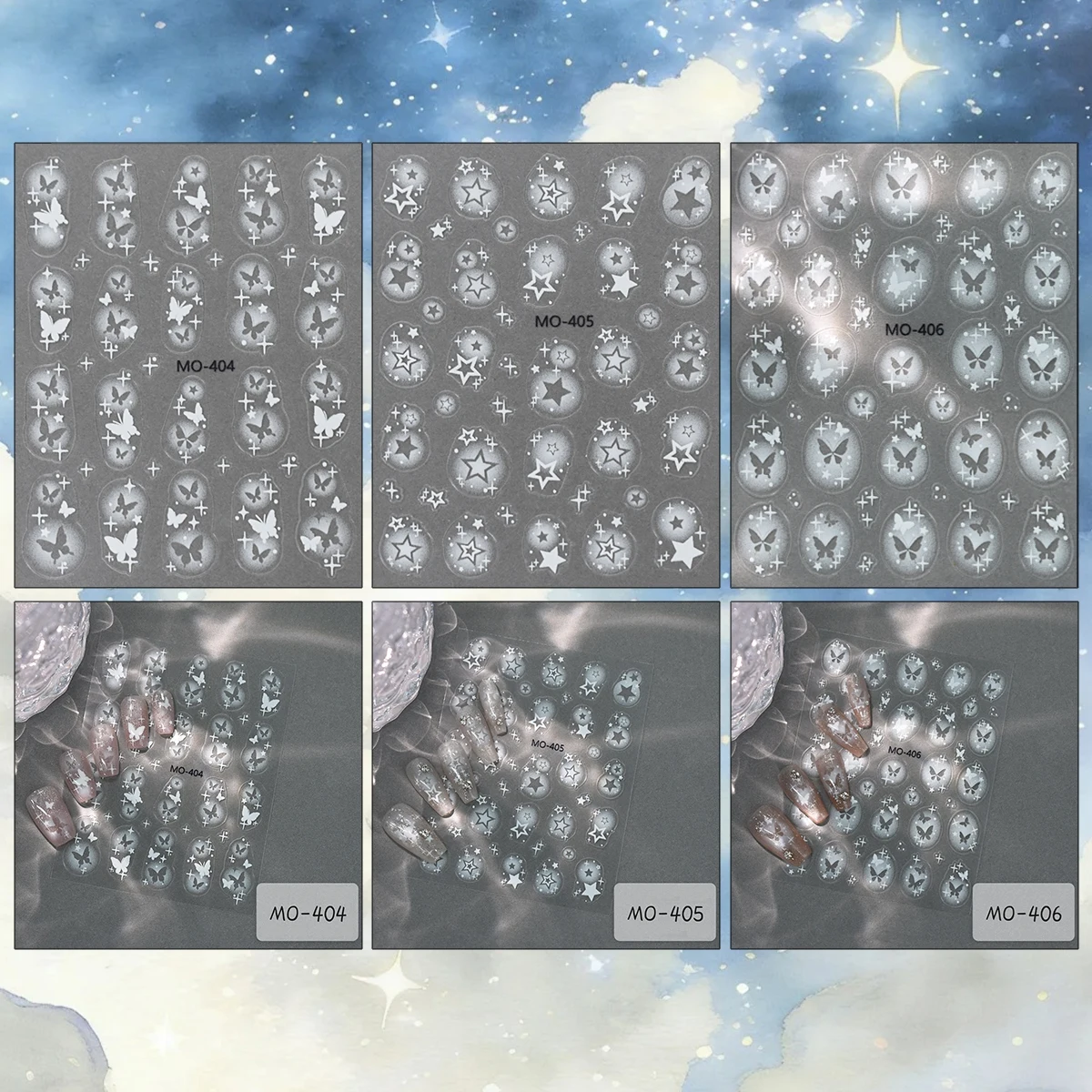 3 to 12 Sheets 5D White Butterfly Star Airbrush Aura Gradient Y2K Embossed Self-Adhesive DIY Manicure Nail Art Stickers