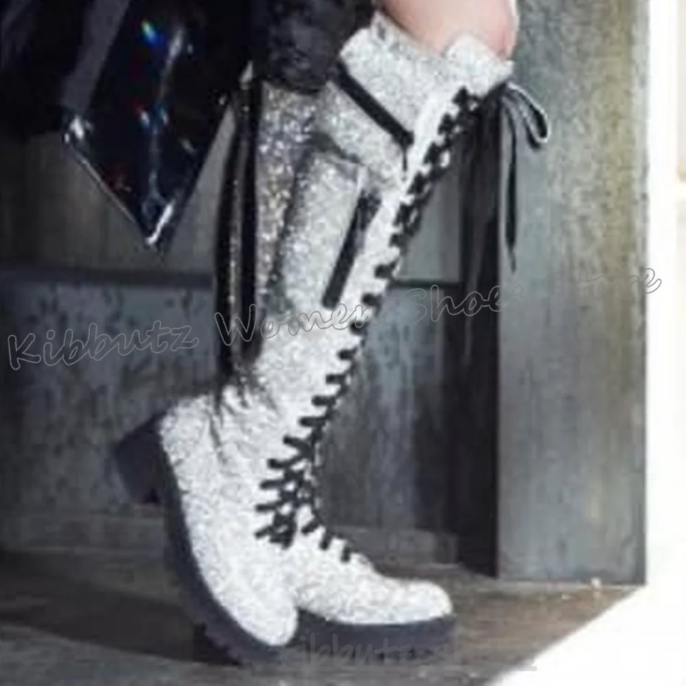 Stivali alti al ginocchio Bling Lucido Tasca con cerniera Lace-Up Punta tonda Tacchi grossi Moda Punk Rock Gotico Novità Scarpe da donna sexy Nuovo