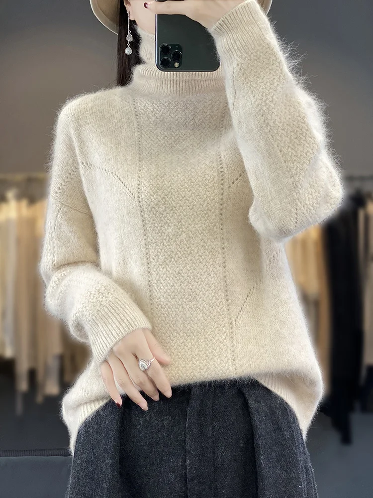 100% Mink Cashmere ผู้หญิงเสื้อคอเต่าฤดูใบไม้ร่วงฤดูหนาวเสื้อแขนยาว Cashmere ถักจัมเปอร์แฟชั่นเสื้อผ้าหญิง