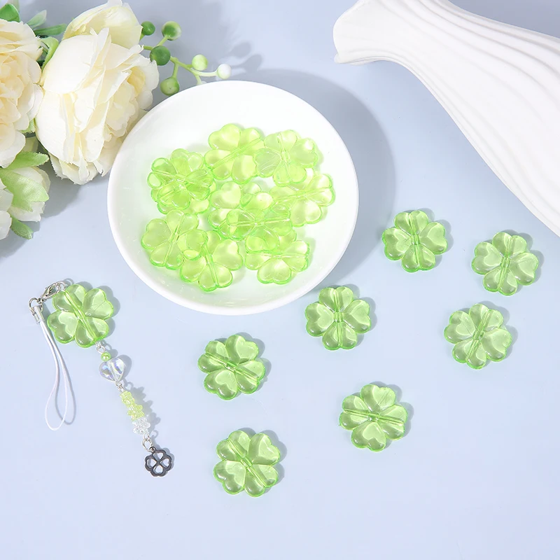10pcs fresh style acrylic green lucky clover suitable for DIY phone chain key chain handmade accessories