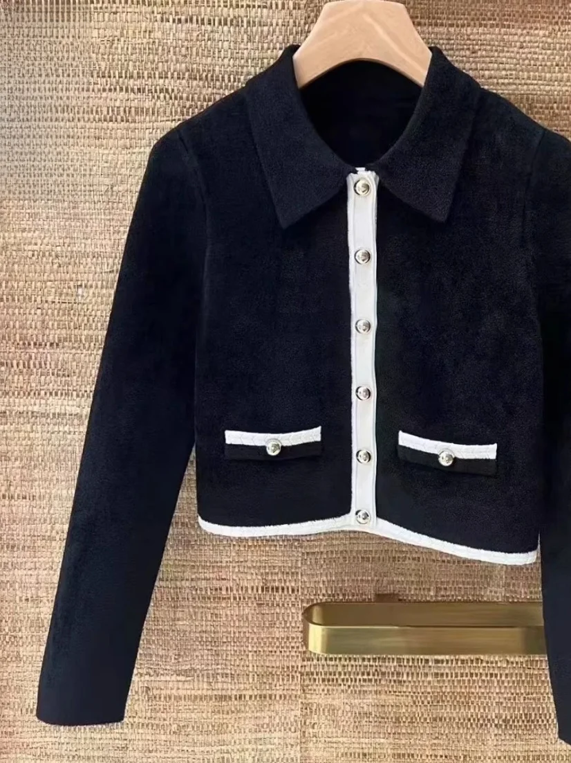 

Ele Metal Bule ort Knit Sweater Jaet Heidd Autumn 2025 Chic Sle Turn-down Collar Luxury Feel Cotton Long Sve