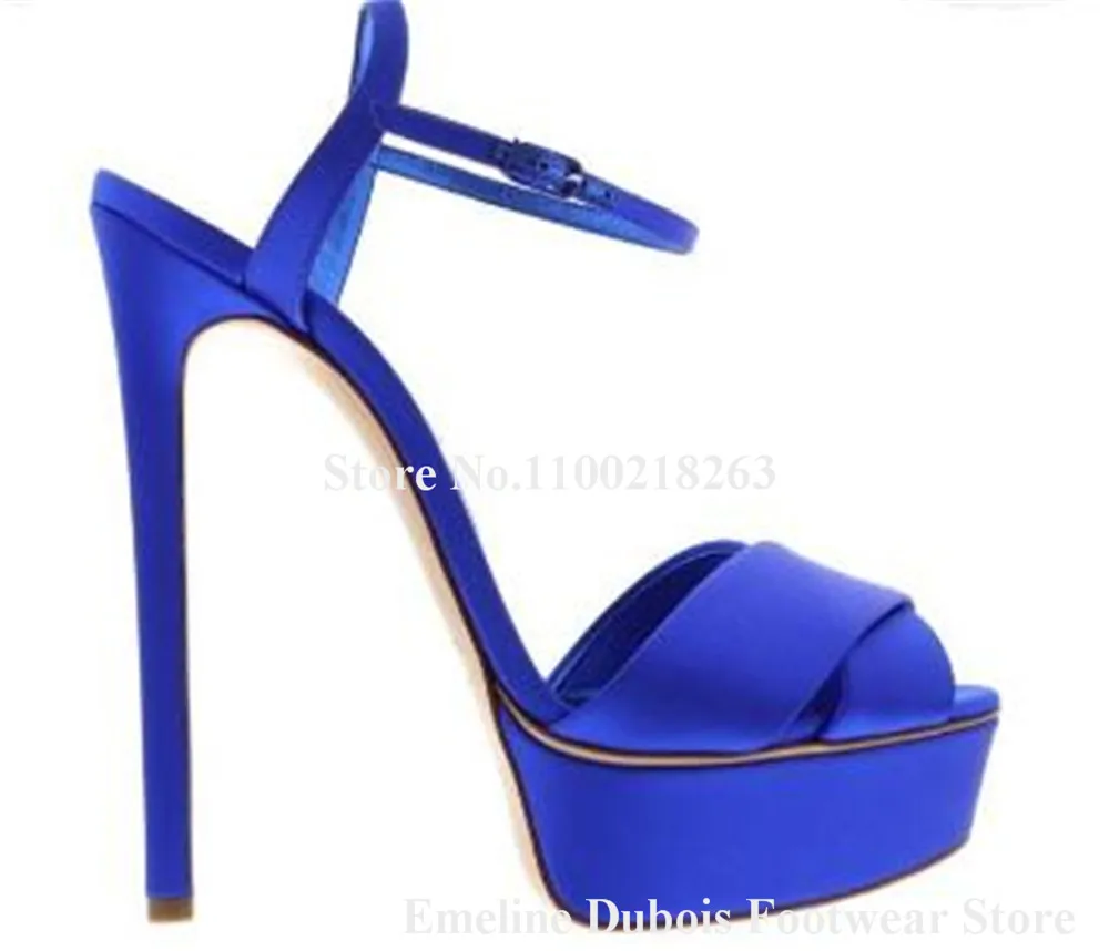 Newest Blue Denim Sandals Emeline Dubois Peep Toe Straps Cross High Platform Stiletto Heel Red Blue Dress Heels Party Pumps