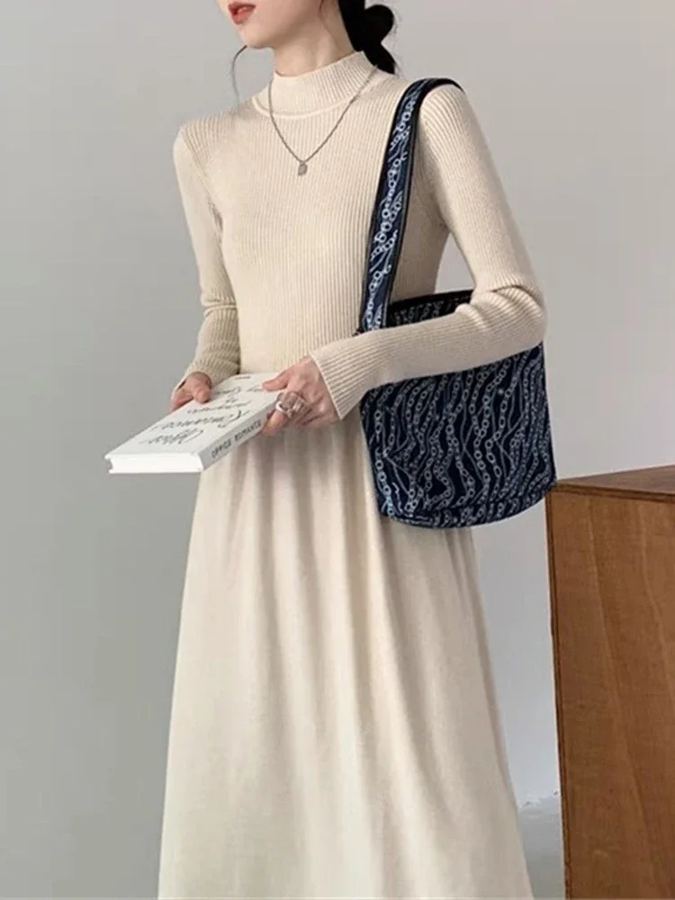 Knitted Sweater Dress Women Autumn Winter Casual Long Sleeve Turtleneck Dress Female French Elegant Fashion Solid Long Dresses