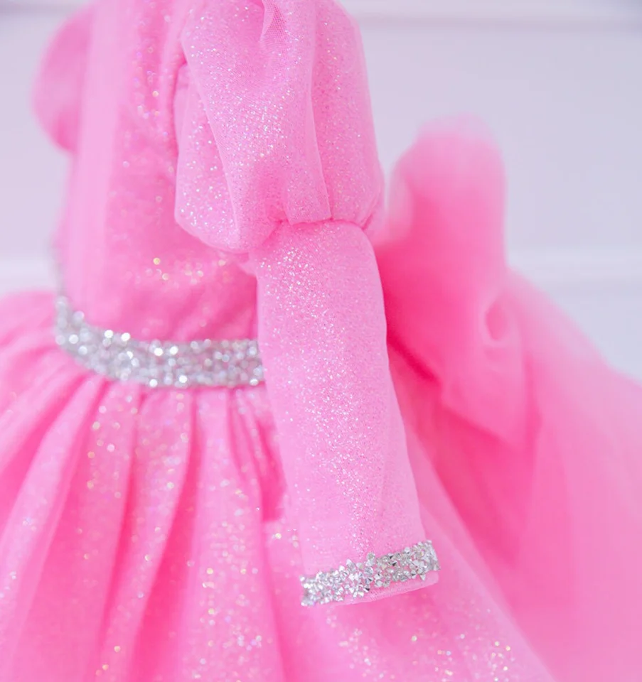 Hot Pink Glitter neonate primo compleanno vestito Tutu vestito fiore ragazza vestito Prom abito di natale maniche a sbuffo 12M 24M