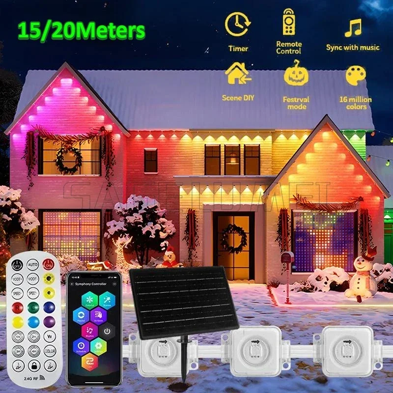 Energía Solar 15/20M luces permanentes para exteriores aplicación Bluetooth RGB tira de luz impermeable aleros luces Navidad iluminación de boda