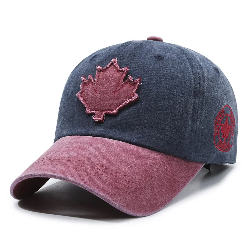 Appliqué Maple Leaf Color-Block Dad Hat Vintage Washed Baseball Cap Versatile Simple Sun Protection Hat