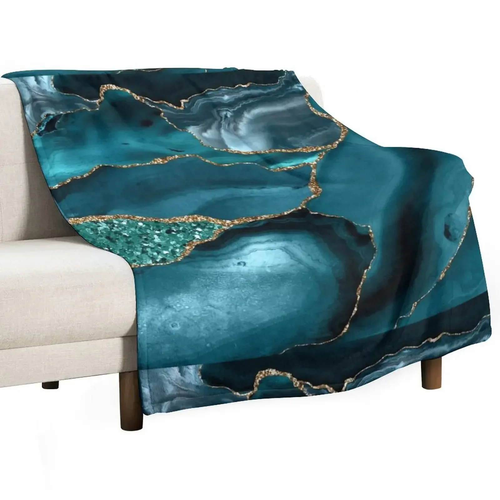 Abstract Teal Blue and Gold Glitter Modern Geode Agate Design Throw Blanket Travel Thermals For Travel Summer Beddings Blankets