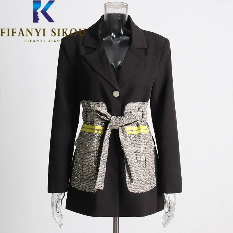 

Big Pocket Spliced Blazers Jacket Women Designer Fashion Belt Suit Jacket High Quality Autumn Winter Casual Blazer Coat Female