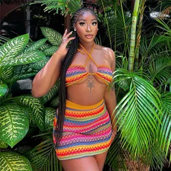 2 Piece Set Women Colorful Wavy Striped Halter Bandage Tank Tops+Mini Skirt Matching Streetwear Vacation Slim Outfits