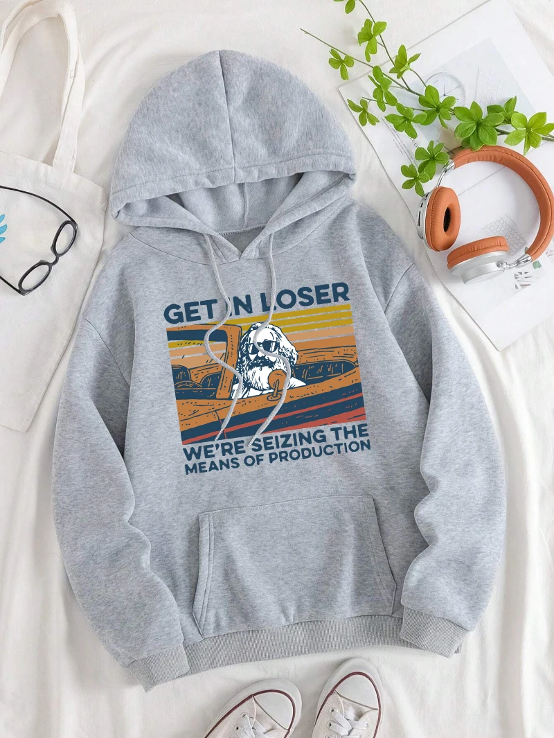 

Get In Loser Hoodie Womens Classic Car Printing Sweatshirt Loose Fleece Warm Pocket Pullover Winter Comfortable Woman Clothes